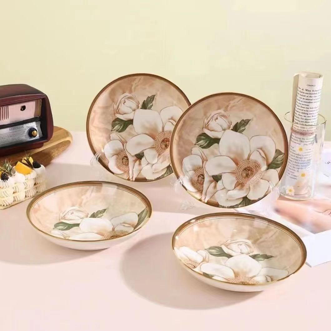 【6只装】8英寸山茶花盘复古盘家用釉下彩陶瓷盘网红汤盘好看炒菜盘