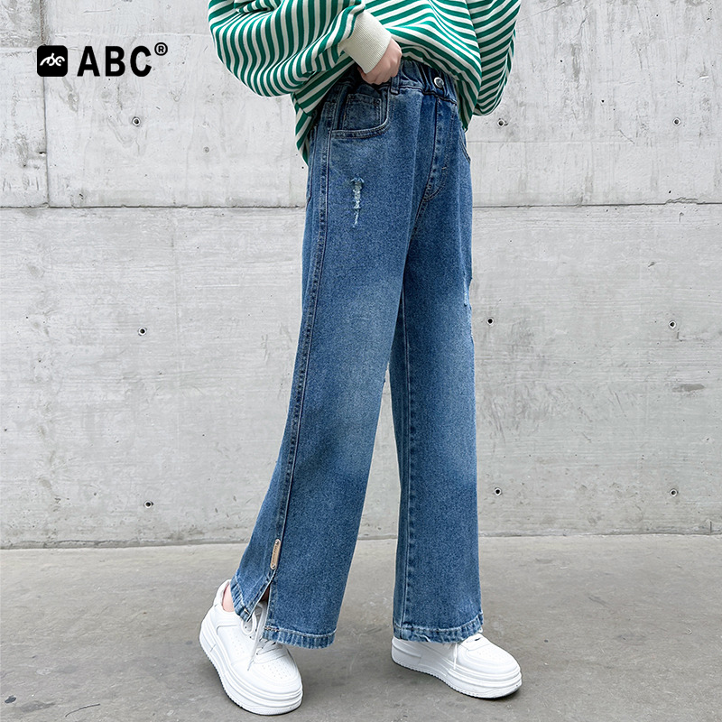 abc女童春秋牛仔裤2024新款儿童洋气直筒裤中大童春季宽松阔腿裤