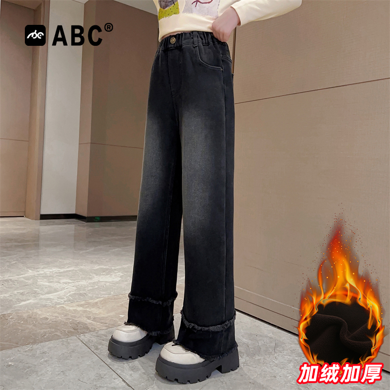 ABC女童秋冬加绒新款牛仔裤2023冬季女宝长裤中大童秋季加厚裤子
