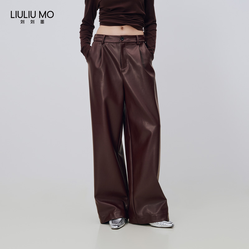 刘刘墨设计师款个性高级复古深酒红垂感百搭宽松直筒秋冬PU皮裤