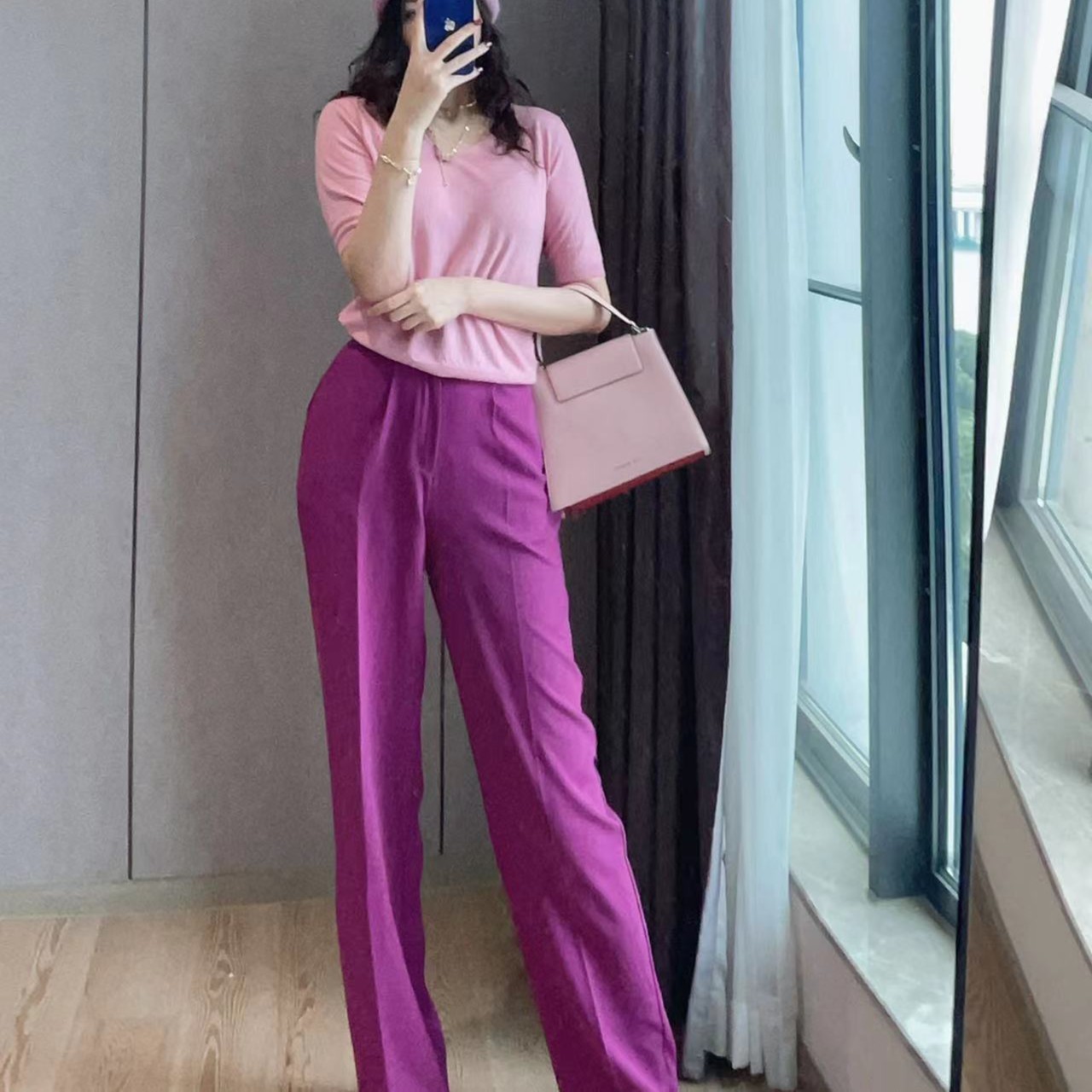 清库火龙果粉阔版西裤阔腿裤