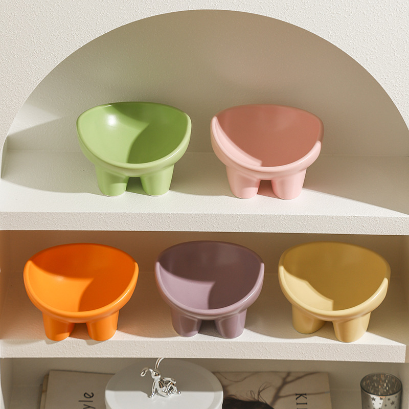 W   猫碗陶瓷宠物用品猫粮碗双碗饮水碗保护颈椎饭碗食盆高脚斜口