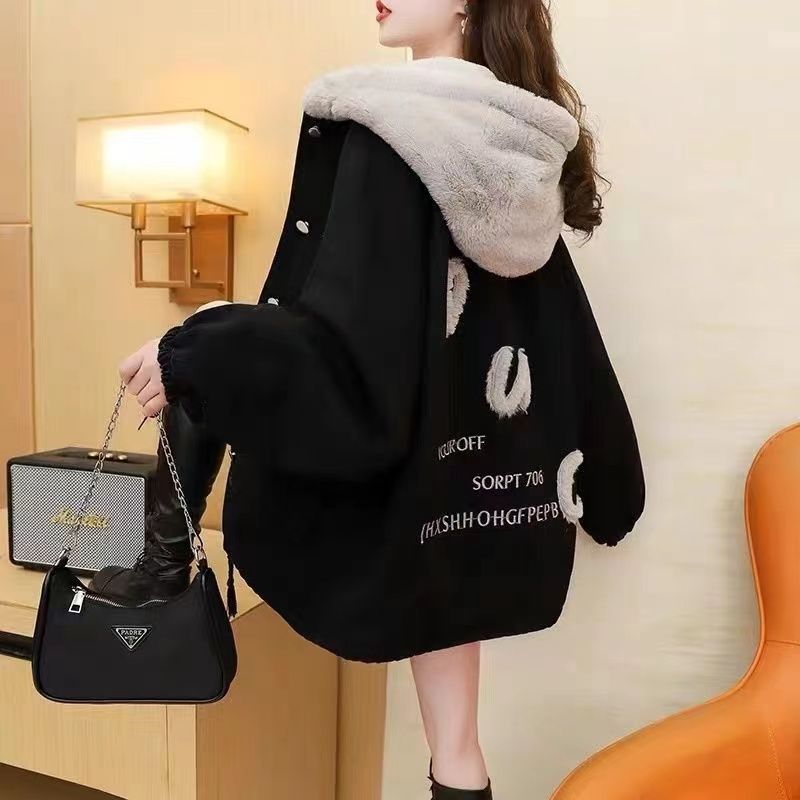 加绒加厚牛仔外套女2023秋冬季新款连帽宽松韩版棉服保暖上衣