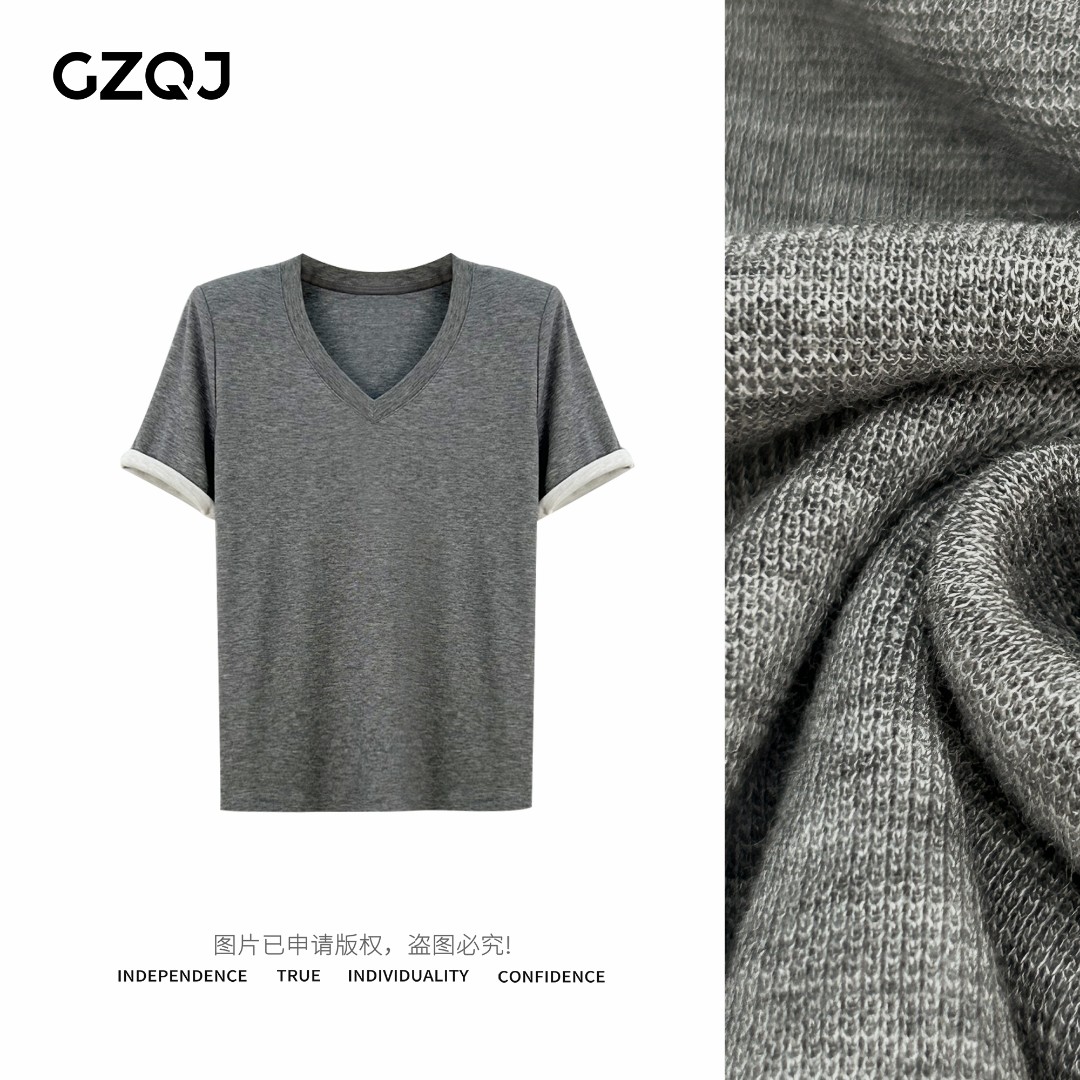 老琴私服【微光甜茶】 小众设计感百搭时尚拼色天丝羊毛上衣T恤2114