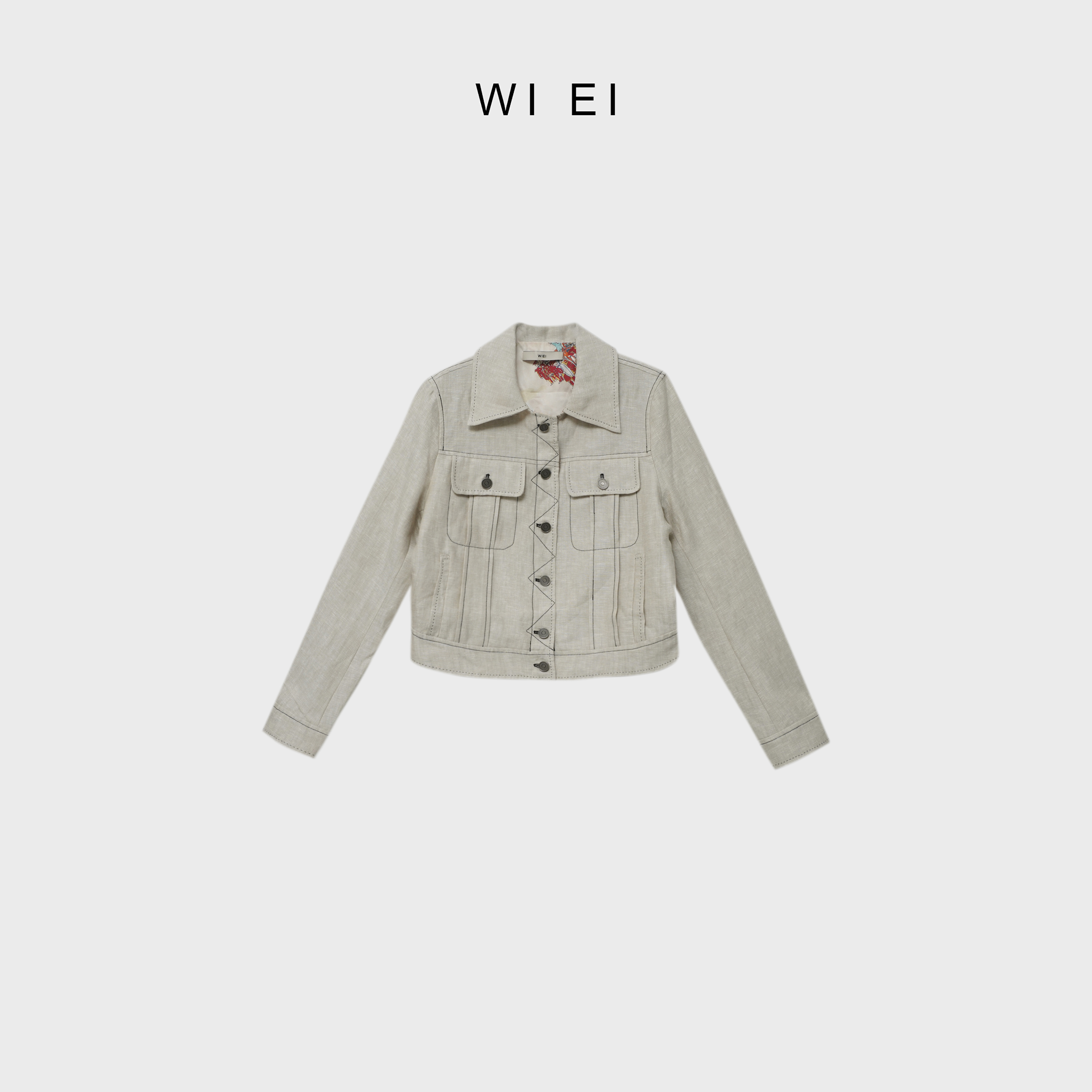 《WI EI》進口荃亚麻 明缝线 中古老钱调 内里印花翻领外套 5C0154