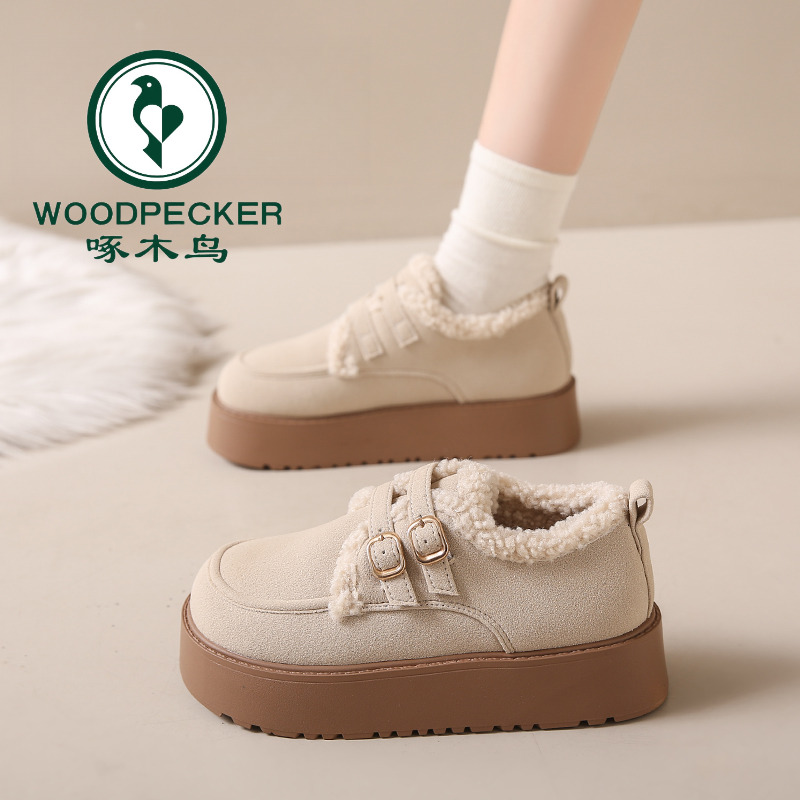 啄木鸟厚底增高雪地靴女2025冬季新款百搭复古勃肯鞋加绒保暖棉鞋