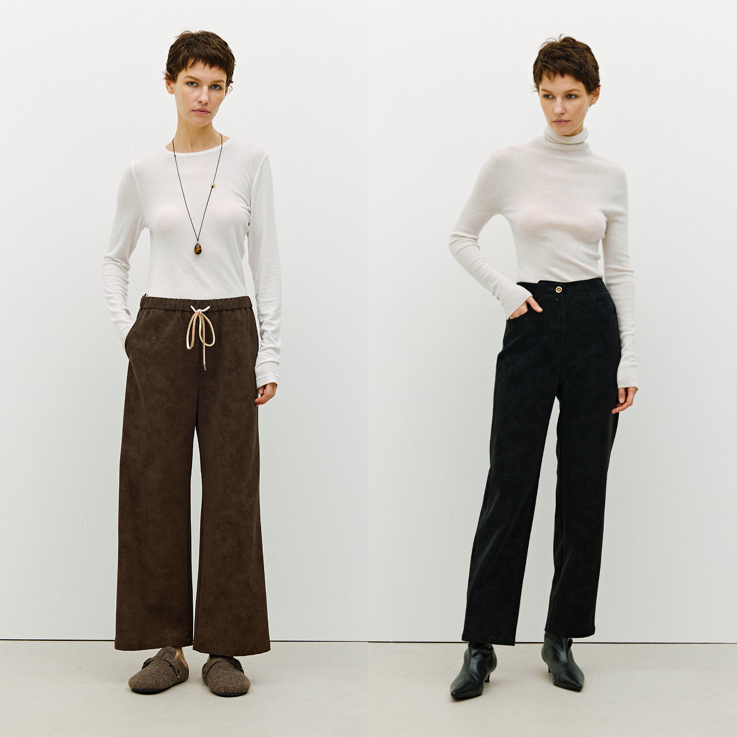 MARIUS“大衣伴侣”复古麂皮感抽绳松紧腰直筒皮裤户外长裤A摆短裤