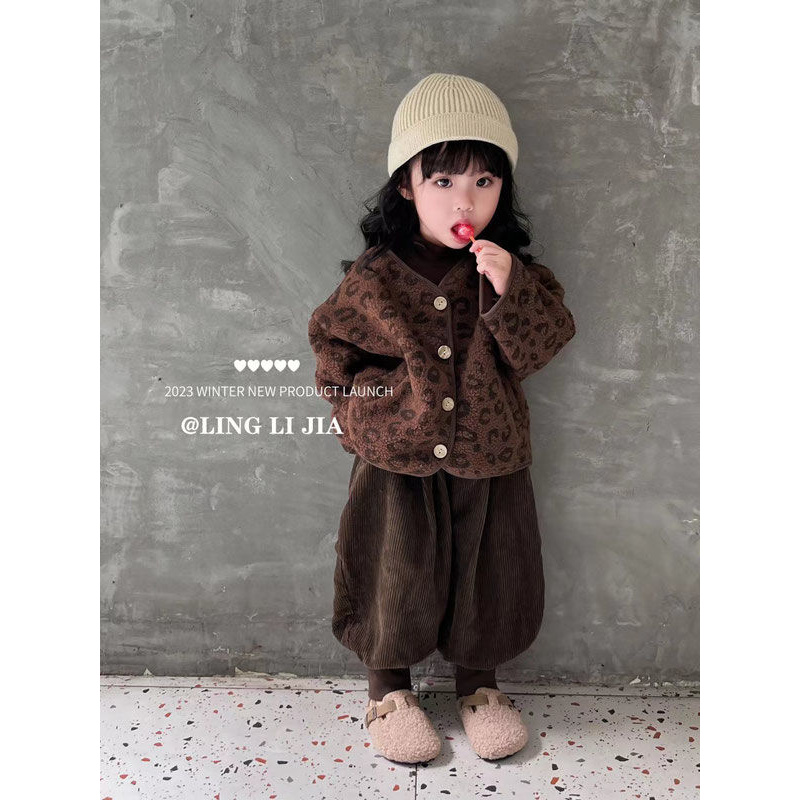 女童豹纹毛绒套装冬季儿童洋气宽松时髦毛毛衣中小童加绒裤子