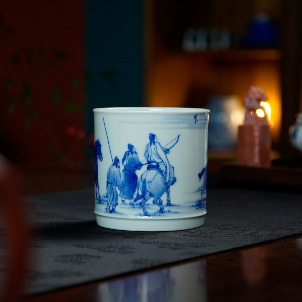 天心雅器手绘青花八达春游图大容天主人杯个人品茗杯直筒可乐杯