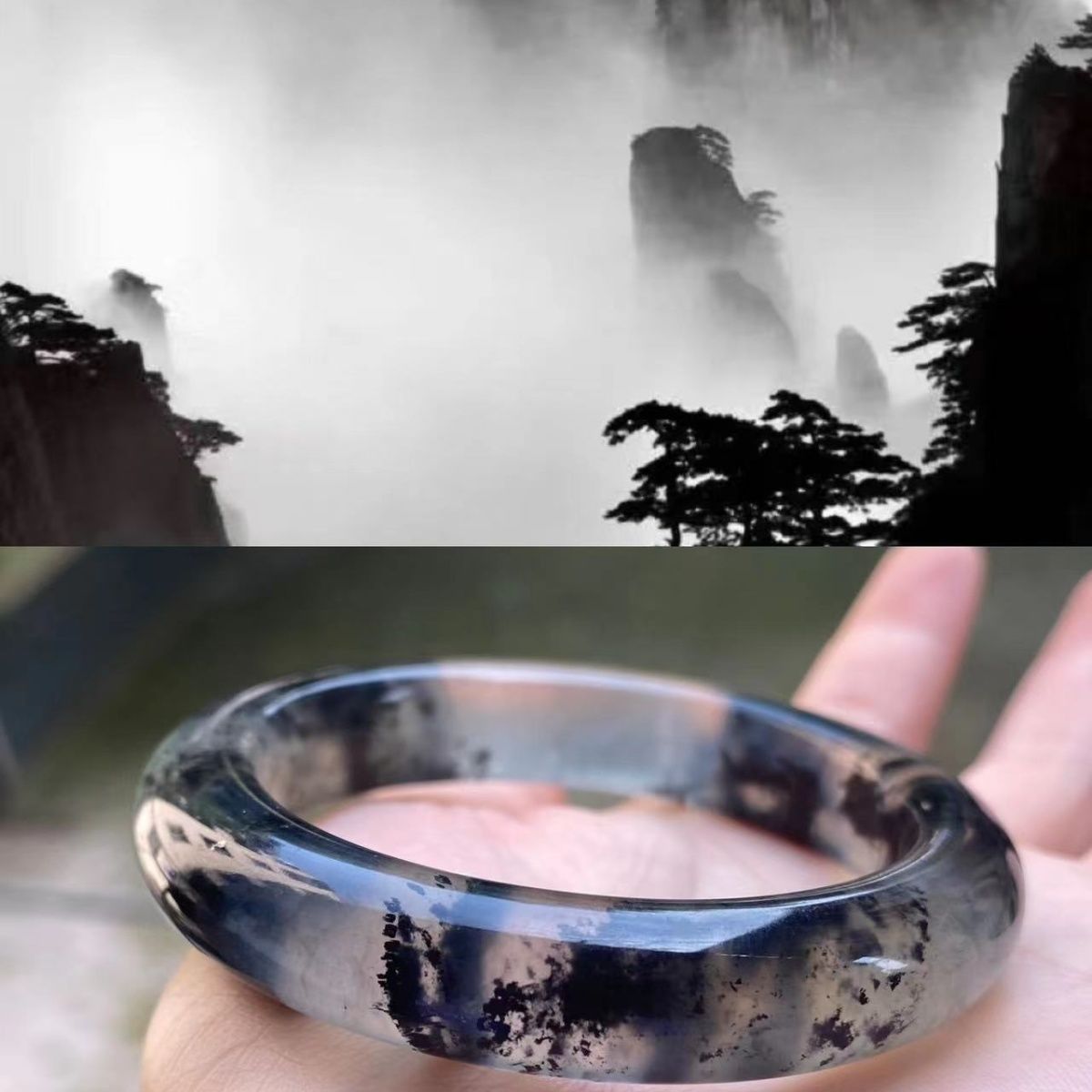【天然岫玉手镯】天然岫玉意境水墨手镯送女友岫玉手镯天然爆款