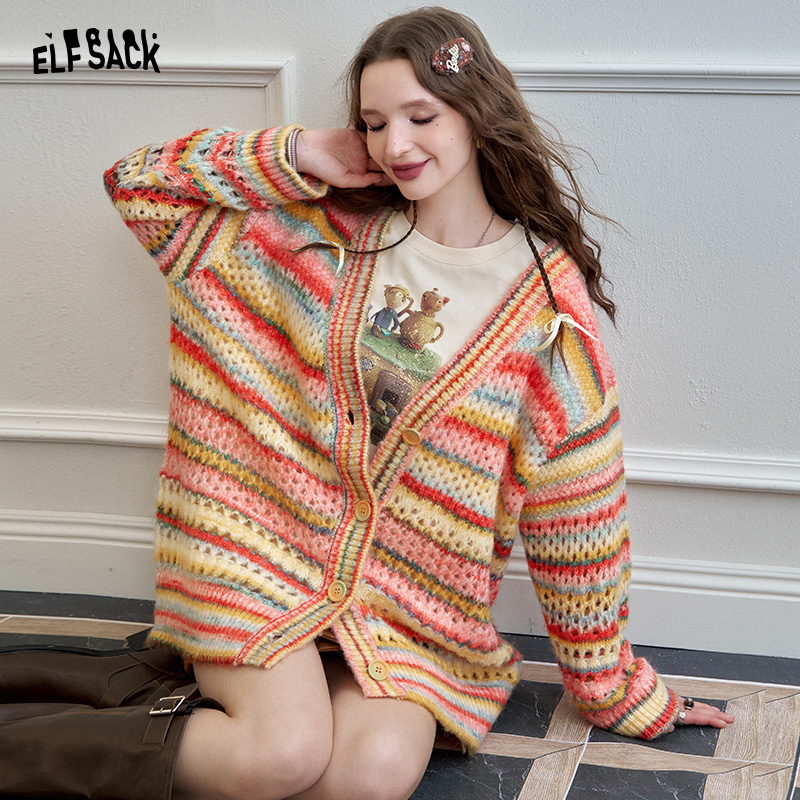 【云c专属】妖精的口袋托斯卡纳游记彩虹v领镂空毛衣开