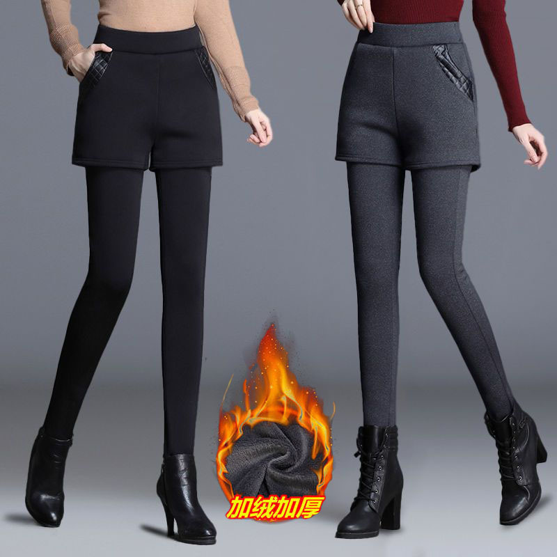 纯棉加绒加厚打底裤女外穿假两件高腰裙裤冬季抗起球修身保暖长裤