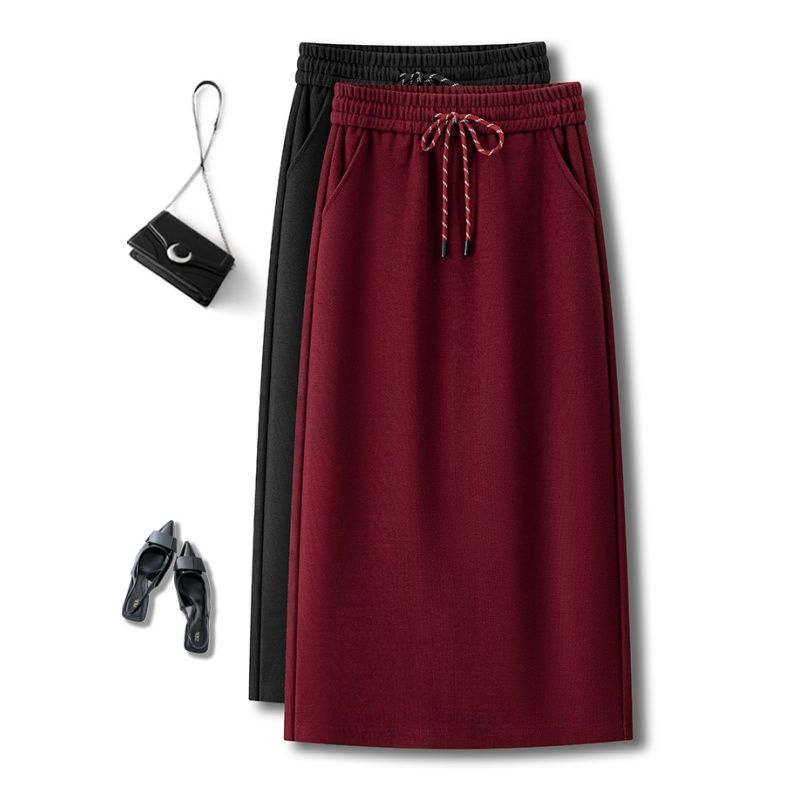 安可拉红开叉半身裙女秋冬2024显瘦新款高腰休闲一步中长款直筒裙
