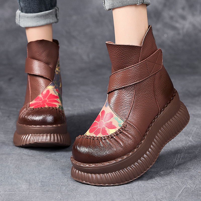 嫔妃丽人头层牛皮民族风舒适复古花朵文艺坡跟民族风舒适百搭短靴