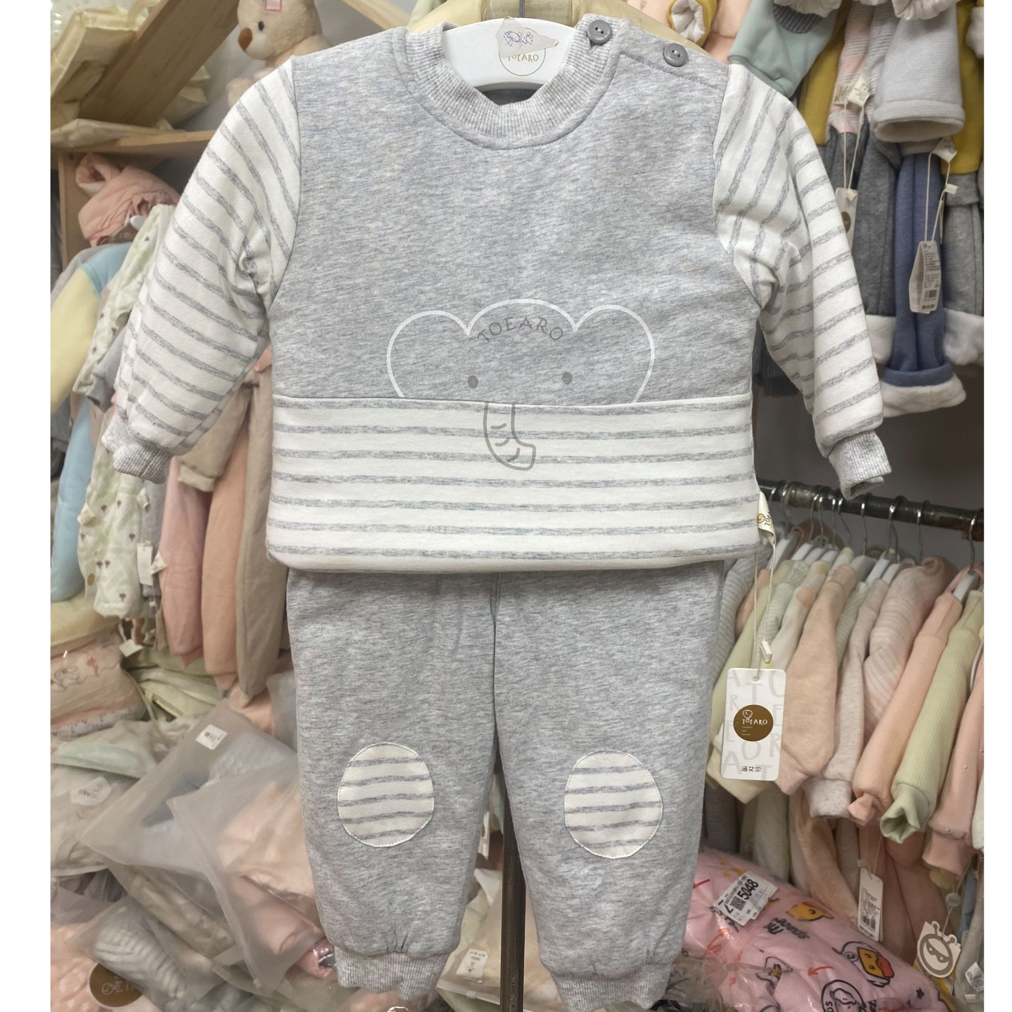 婴幼儿婴儿肩开款中厚棉加绒家居套装条纹保暖宝宝儿童家居服秋冬