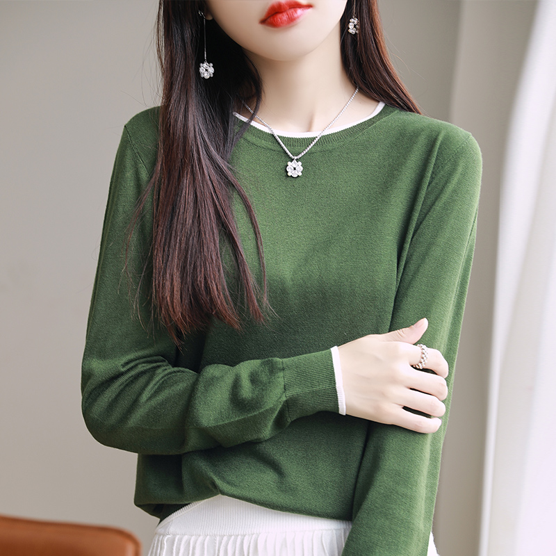 新款精纺羊毛桑蚕丝莱赛尔长袖针织衫女士时尚百搭套头圆领打底衫