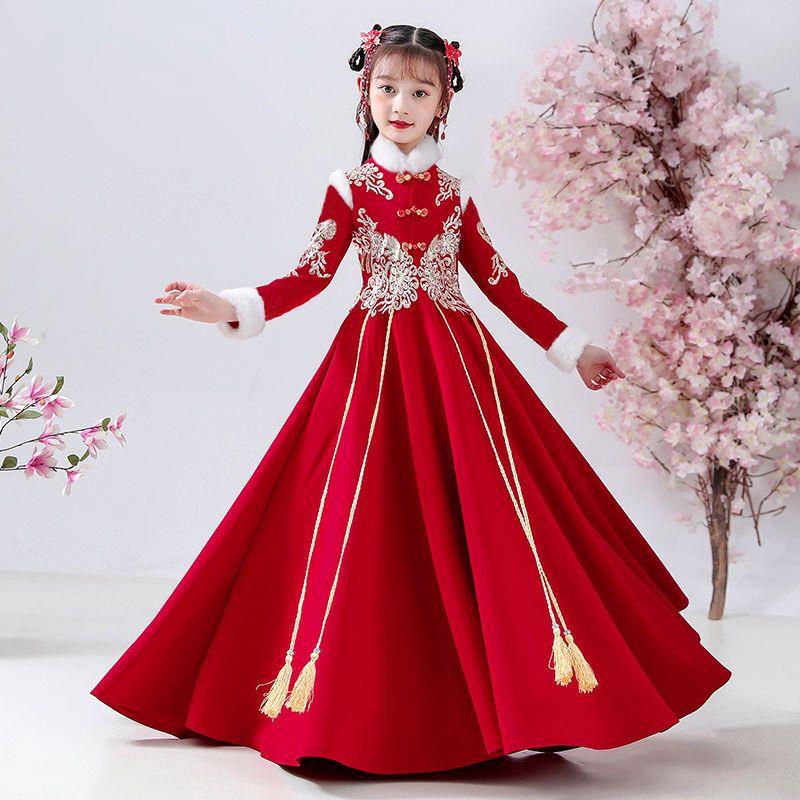 女童礼服高端儿童公主裙冬季加绒小主持人生日钢琴古筝古风晚礼服