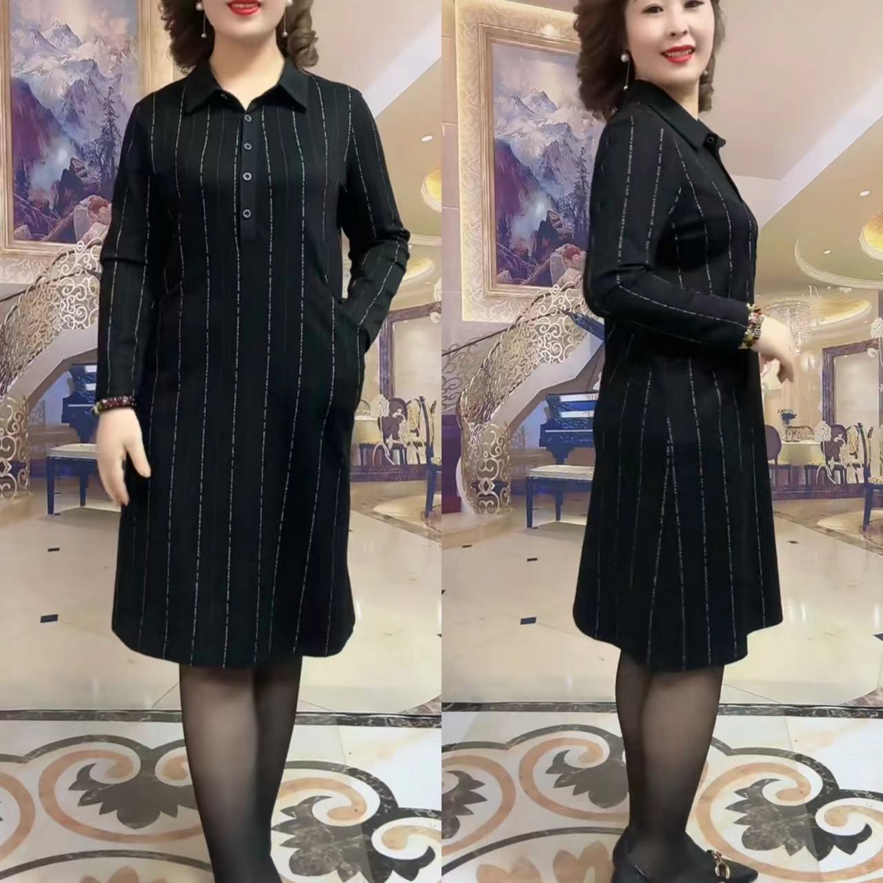 时尚气质显瘦百搭衬衫领宽松连衣裙中长款