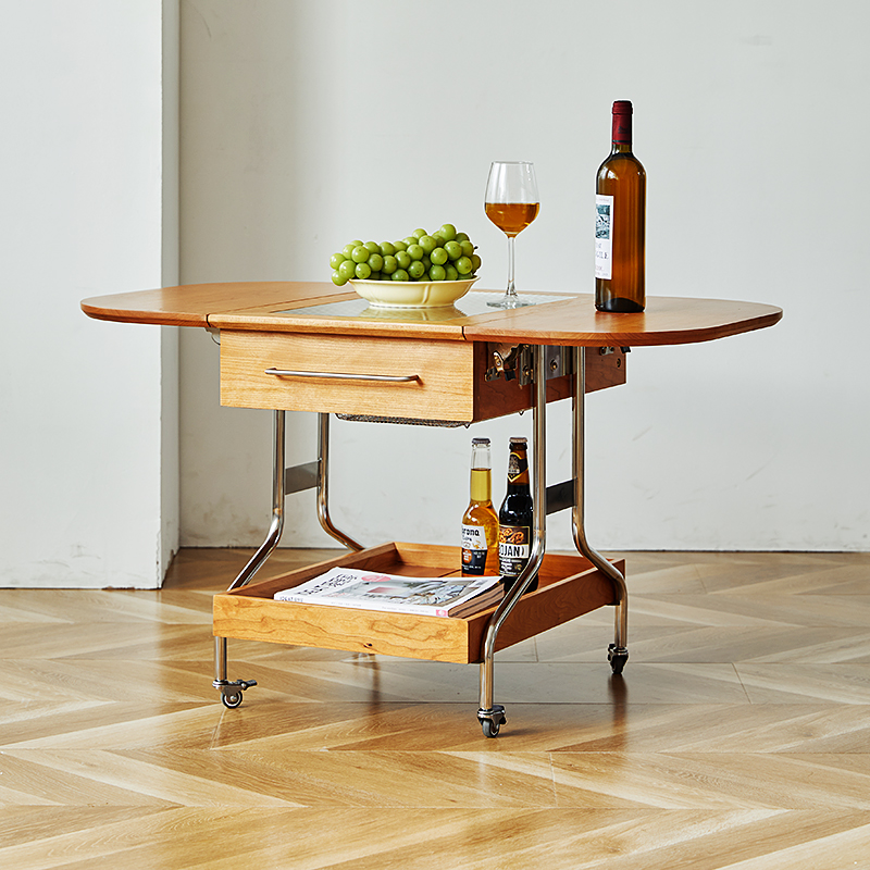 实木可移动折叠茶几小户型客厅不锈钢沙发边角几樱桃木变形小推车