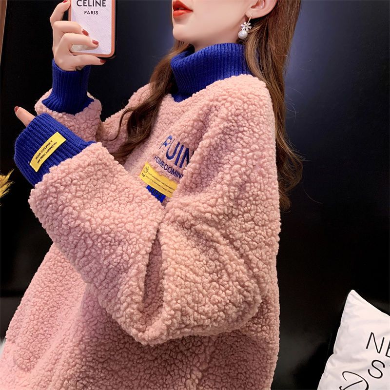 加绒加厚高领卫衣外套女2022新款秋冬羊羔绒慵懒风宽松设计感上衣