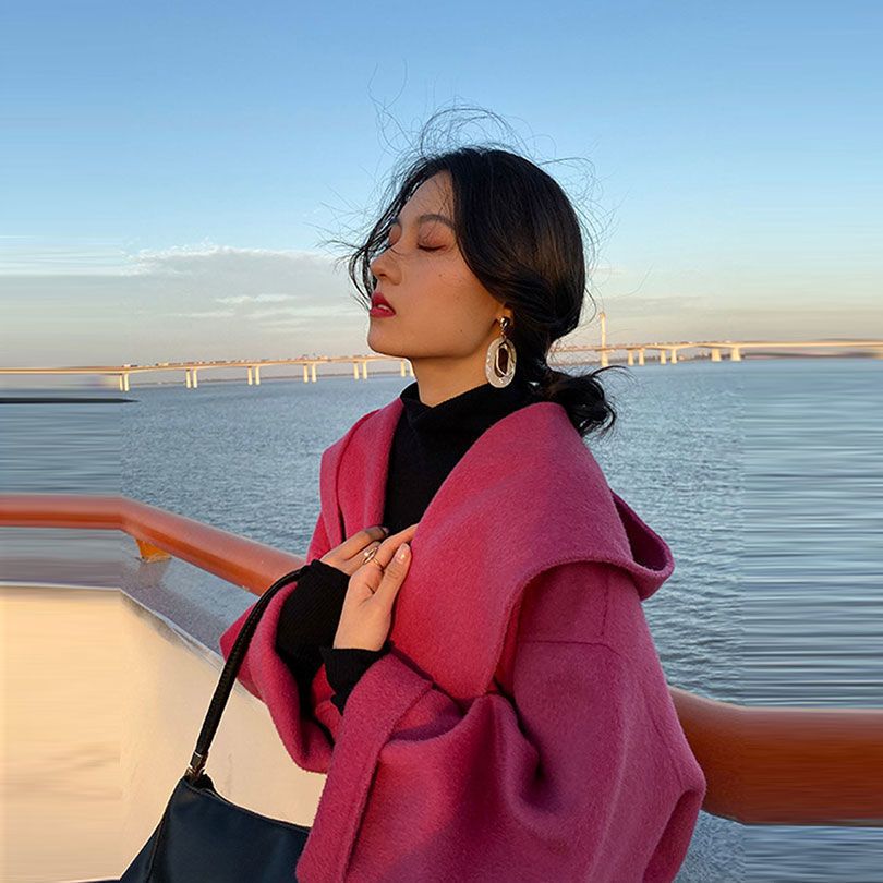 玫红色双面呢大衣女2022年秋冬季新款韩版连帽毛呢外套中长款气质