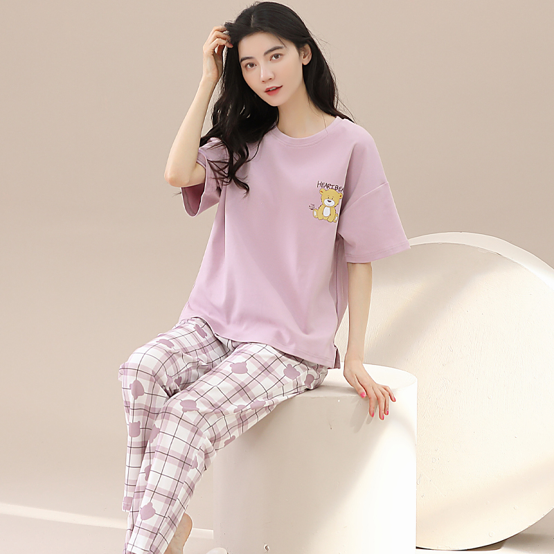 100%纯棉睡衣女春夏短袖长裤套装休闲家居服可外穿大码宽松新款