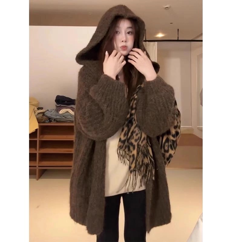 慵懒感软糯连帽毛衣外套女2025秋冬韩系宽松中长款针织外搭开衫厚