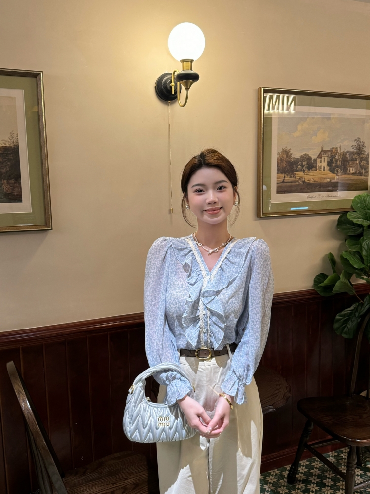 【海岛遐风】法式洋气碎花衬衫女荷叶边V领宽松长袖雪纺上衣