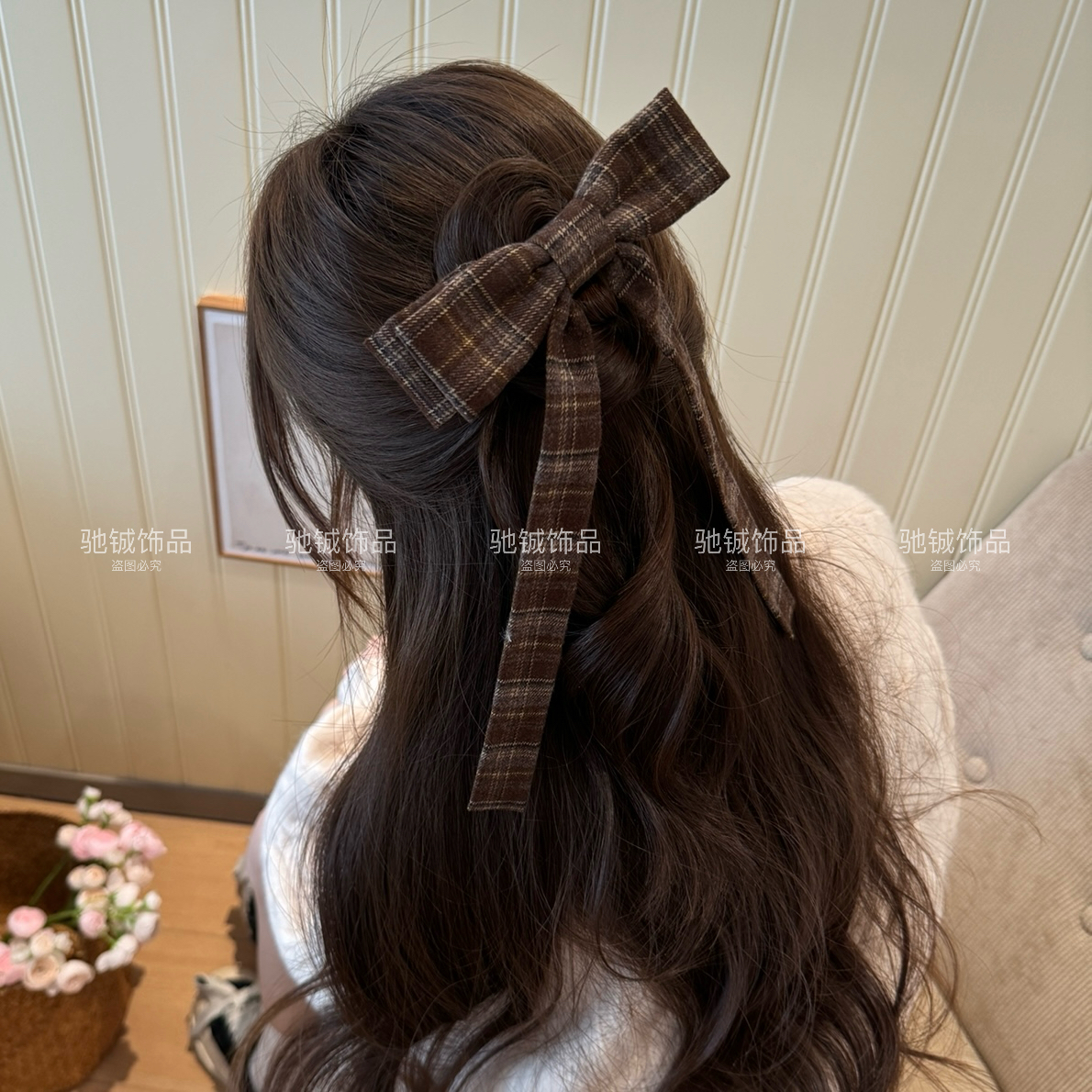 格纹少女～蝴蝶结飘带鸭嘴夹法式氛围感后脑勺盘发学院风甜美发夹