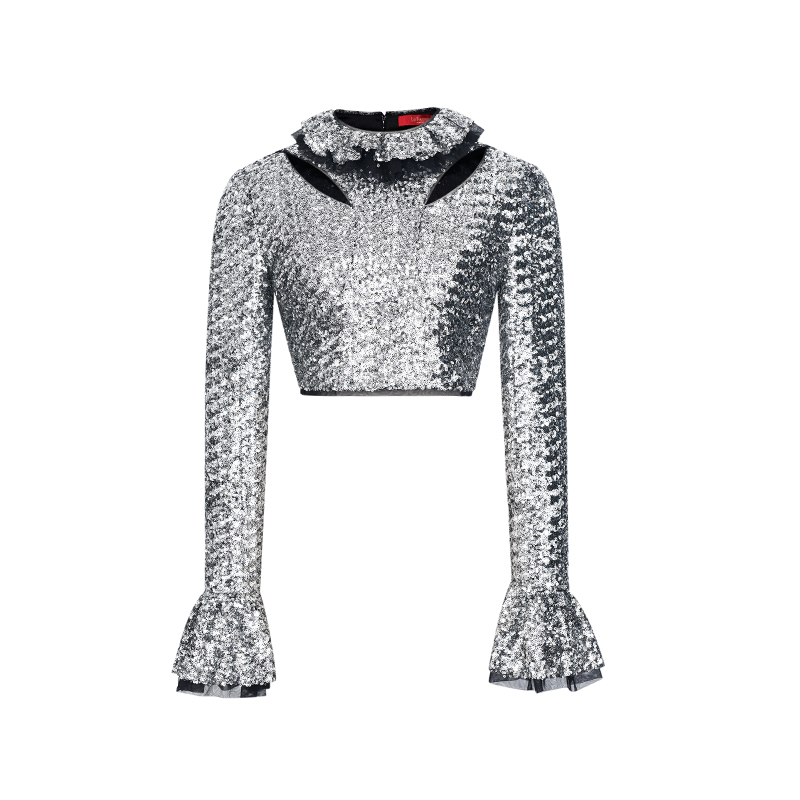 【陈大可专属】LE FAME/拉飞姆银色珠片短款镂空修身上衣S149