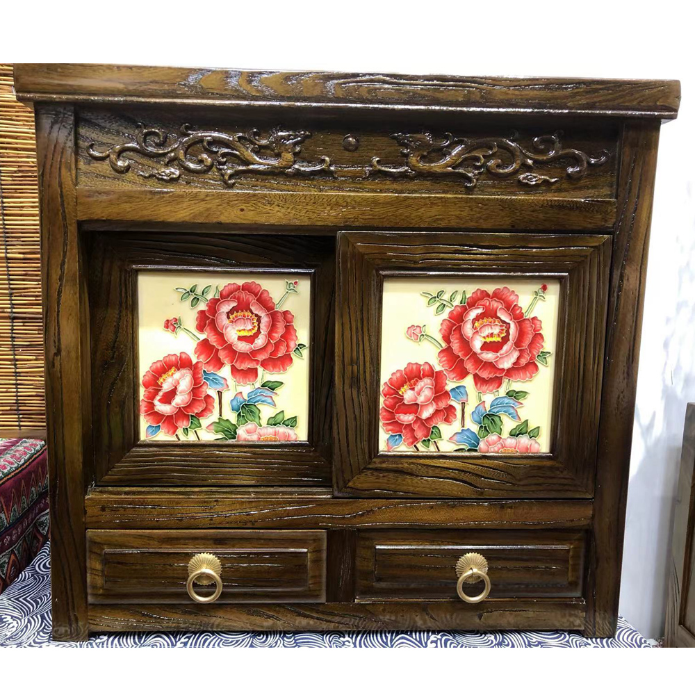 推拉门桌柜瓷板画新中式收纳柜复古古风储物柜雕花家用木质客厅