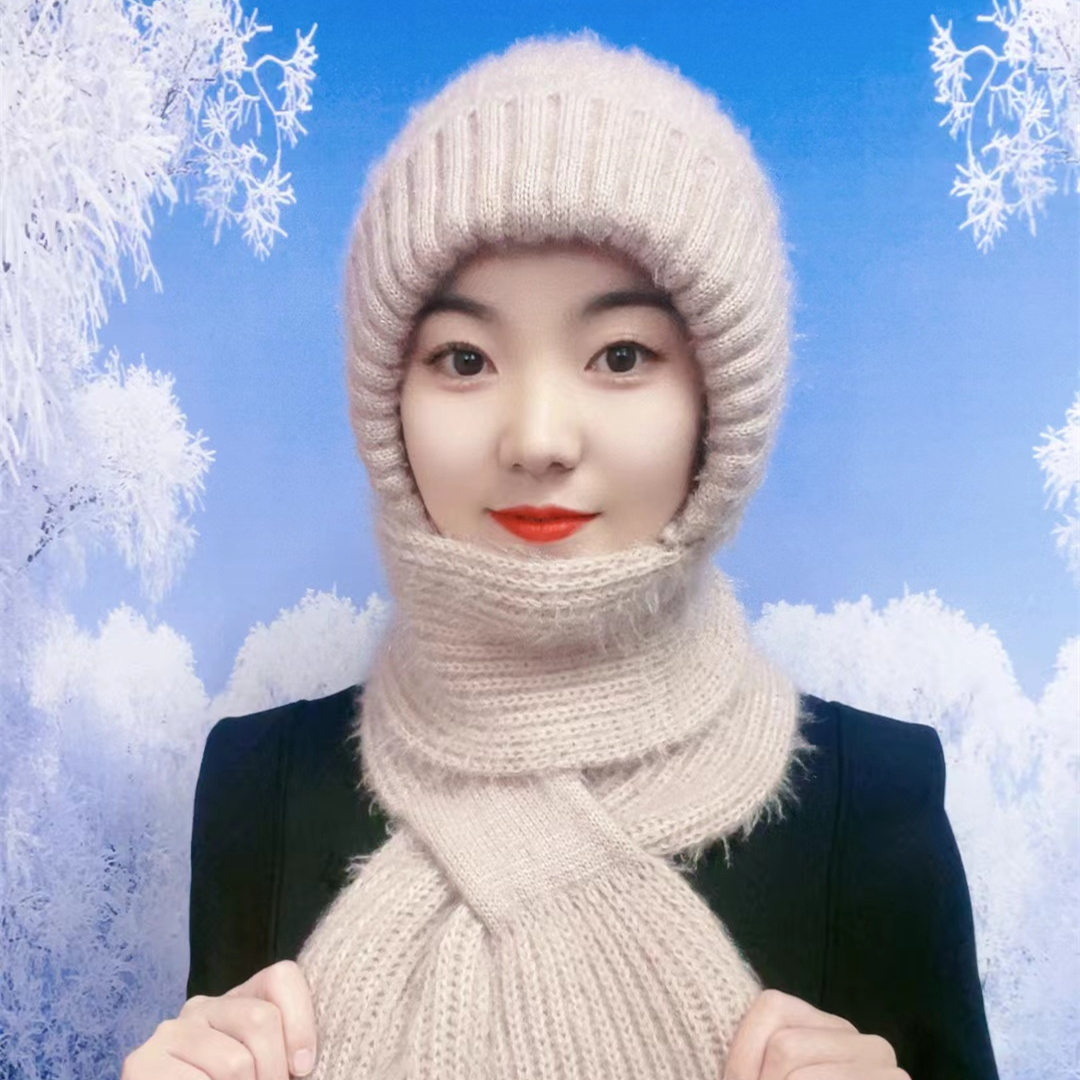 加绒加厚针织毛线帽子围巾连体风雪帽女士新款骑行保暖秋冬护耳帽