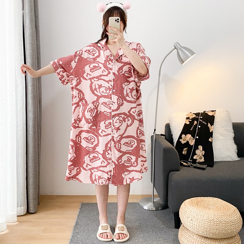 加大码短袖加长加肥睡裙夏季开衫连衣裙睡衣宽松孕妇胖MM家居服女