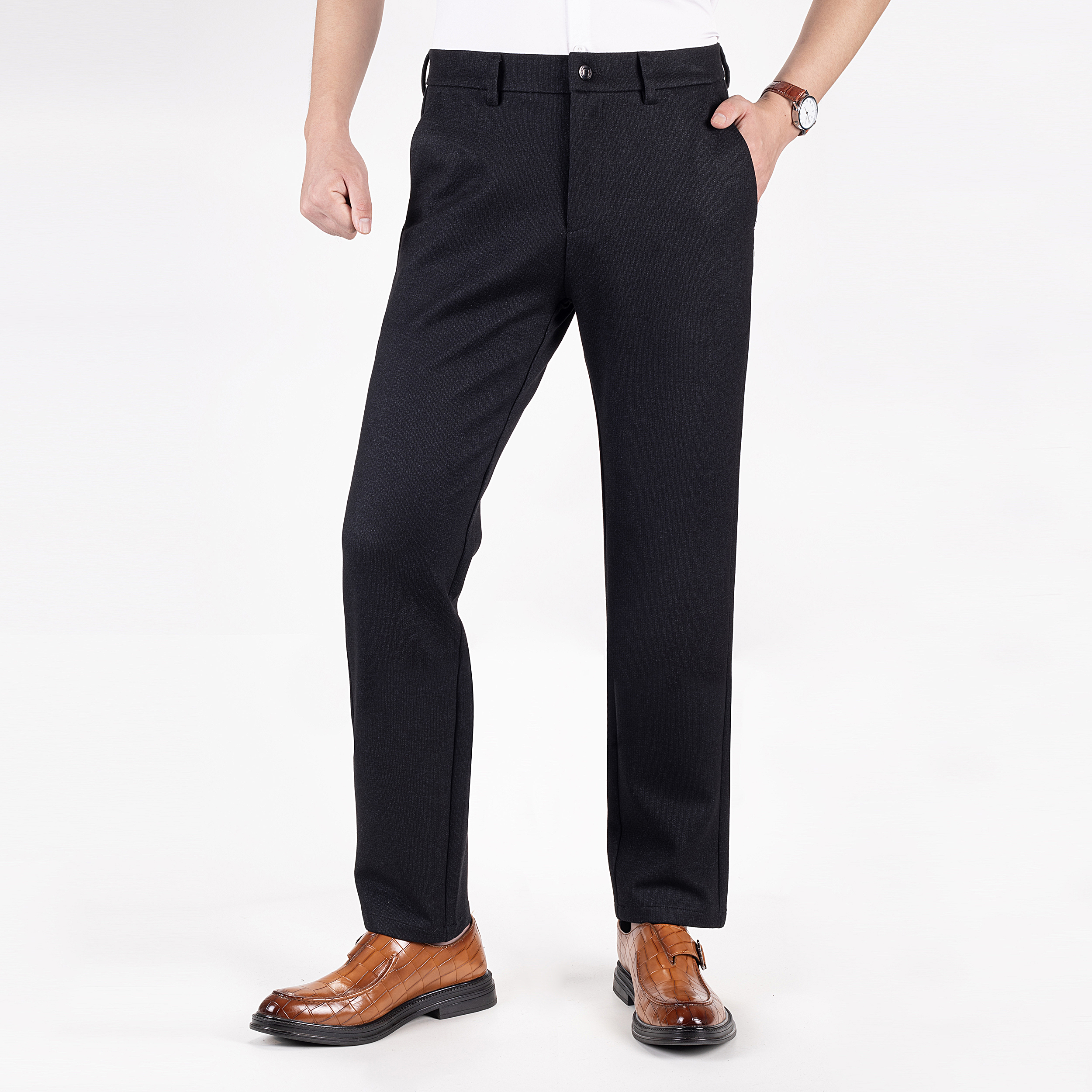 2025秋冬新款竖条纹弹性舒适保暖时尚修身小直筒男士商务休闲裤