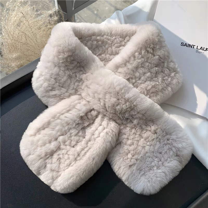 魏来顺獭兔毛围巾女纯色秋冬保暖交叉简约编制皮草围脖ins