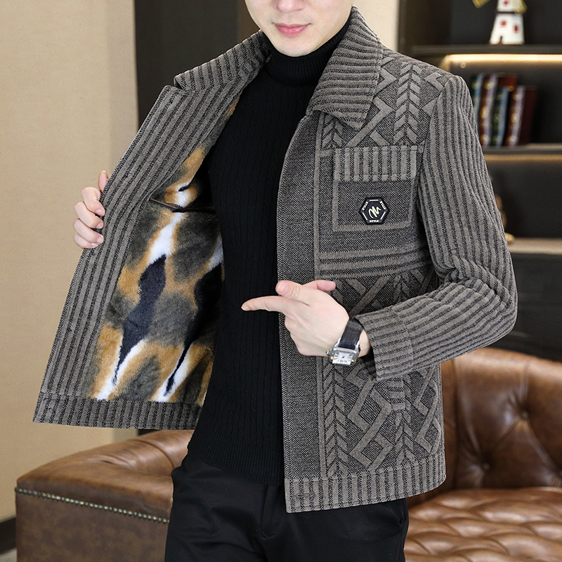 男士毛呢大衣秋冬新款翻领高档仿貂绒夹克男中年休闲加厚呢子外套