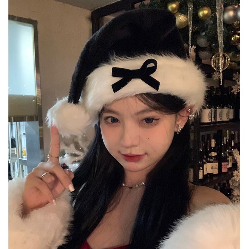 黑色蝴蝶结圣诞帽子女冬季网红2023年新款成人可爱毛绒圣诞节头饰