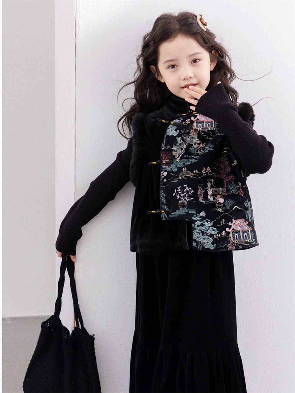 女童冬装2024新款拜年服中式夹棉马甲丝绒长裙针织衫唐装三件套潮