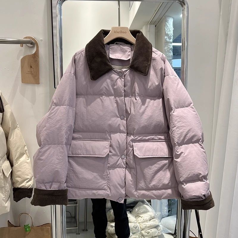 2023冬季新款韩版灯芯绒撞色羽绒棉服女短款韩系大口袋羽绒