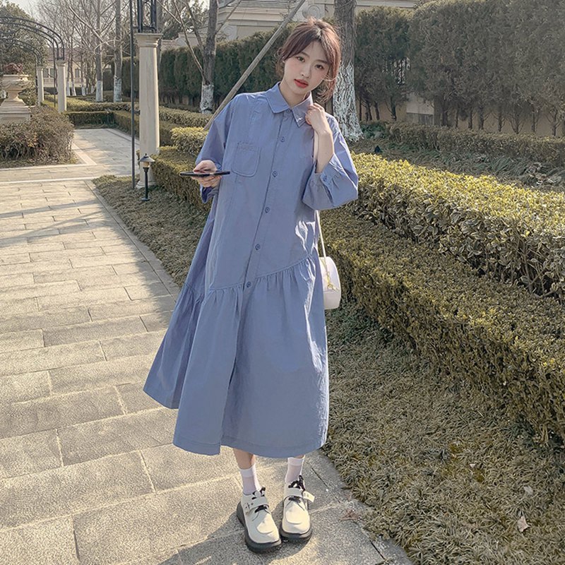 法式蓝色连衣裙女春秋季polo衬衫韩版宽松休闲胖mm孕妇鱼尾长裙子