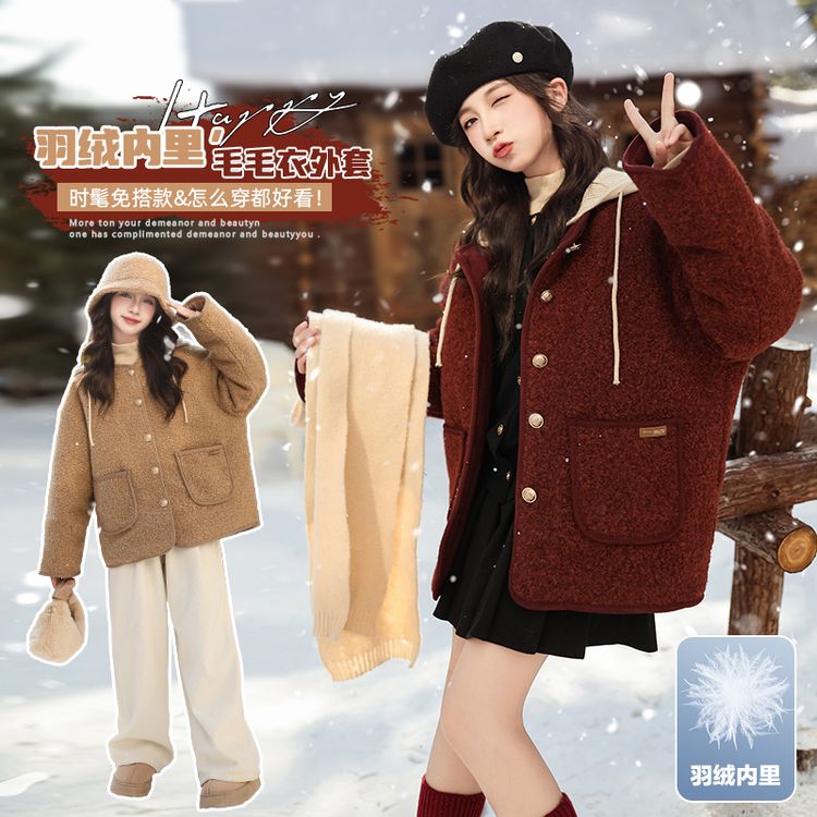 羽绒内胆冬季女童中大童毛衣加厚儿童短款外套时髦洋气网红中长款