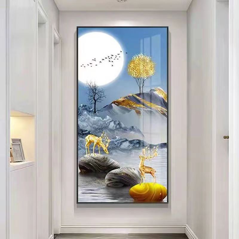 LED 灯光画入户门现代风艺术轻奢走廊过道挂画竖版手工晶瓷装饰画