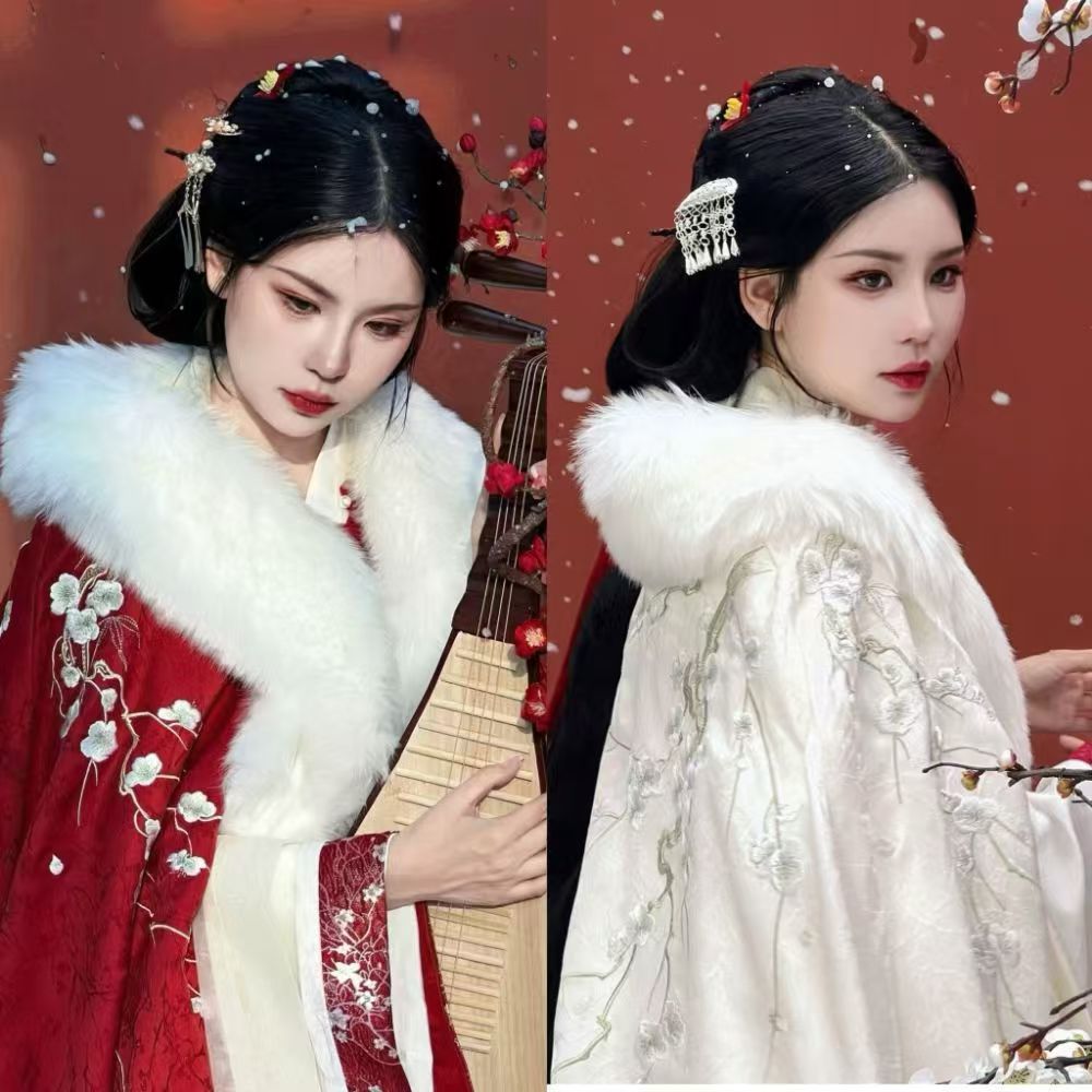 古风汉服女梅花斗篷加绒加厚保暖秋冬季日常毛领披肩重工刺绣披风