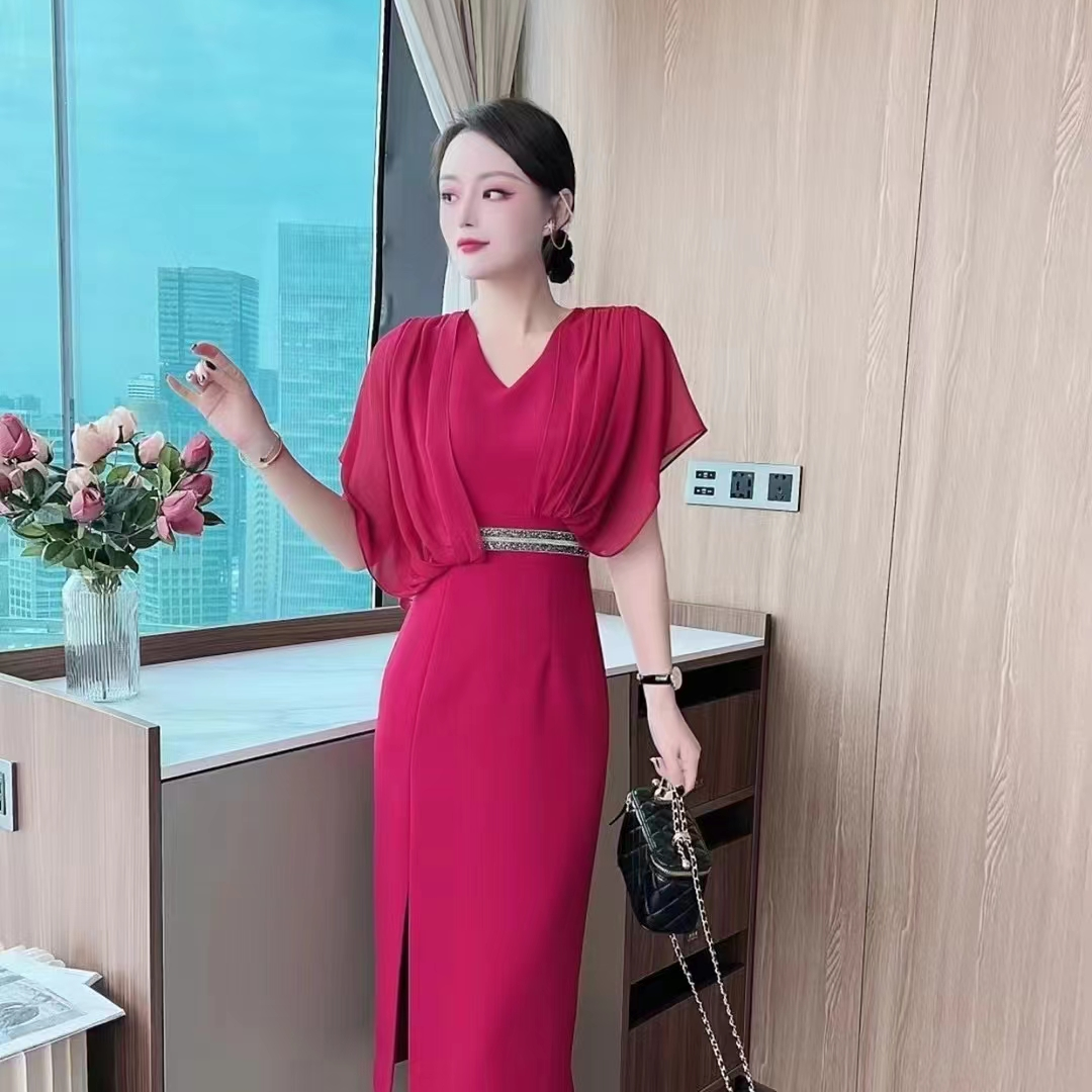 高端气质连衣裙洋气夏装短袖开叉连衣裙