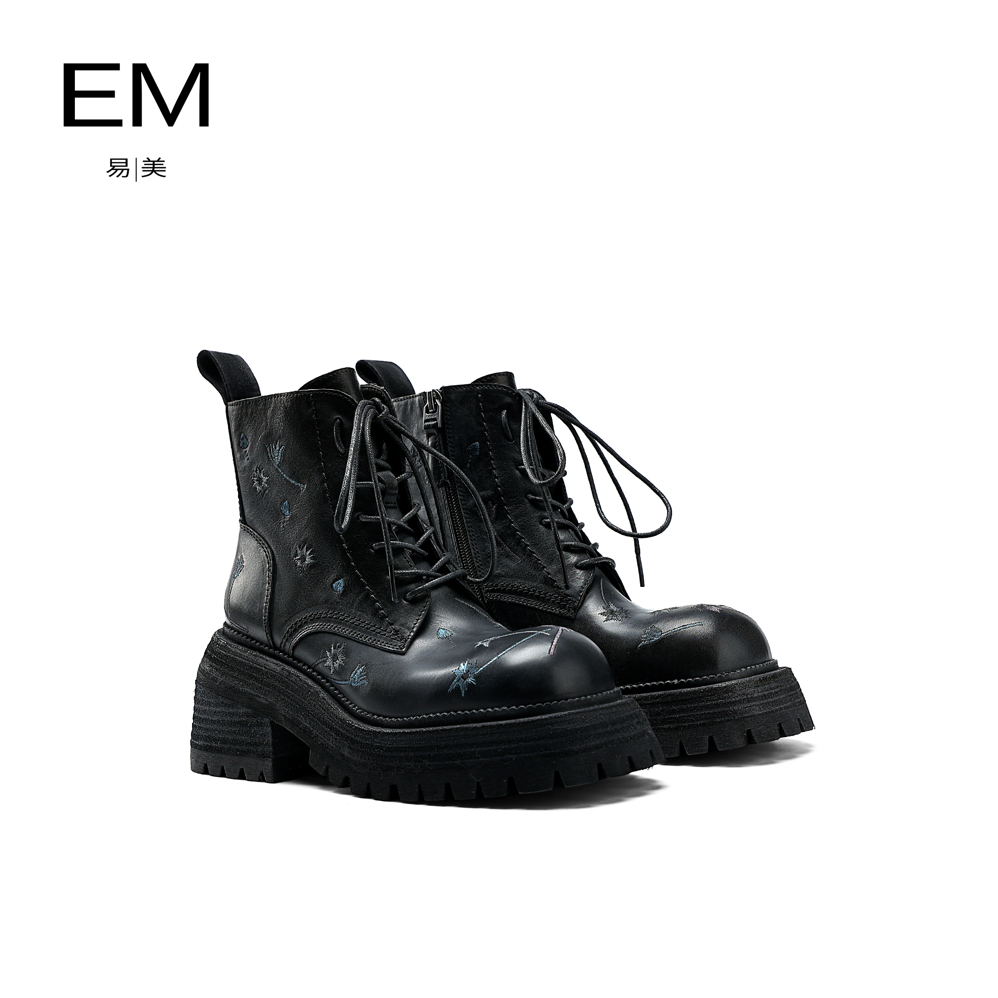 2024春夏新款刺绣厚底增高帅气粗跟系带圆头电绣女士短靴