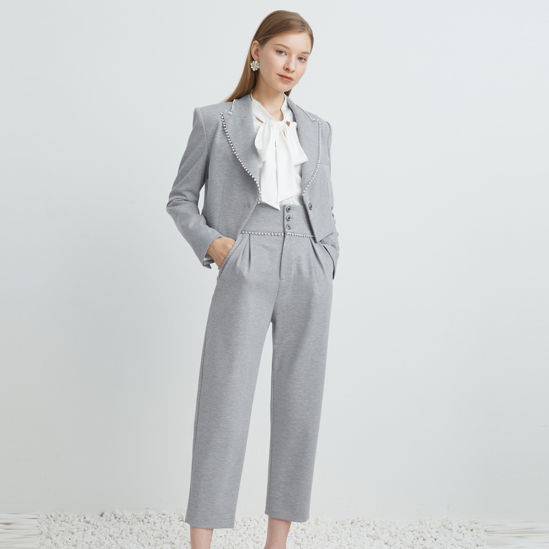 丽公主恩曼琳新款通勤气质短款西装高腰九分裤套装EANDAL08