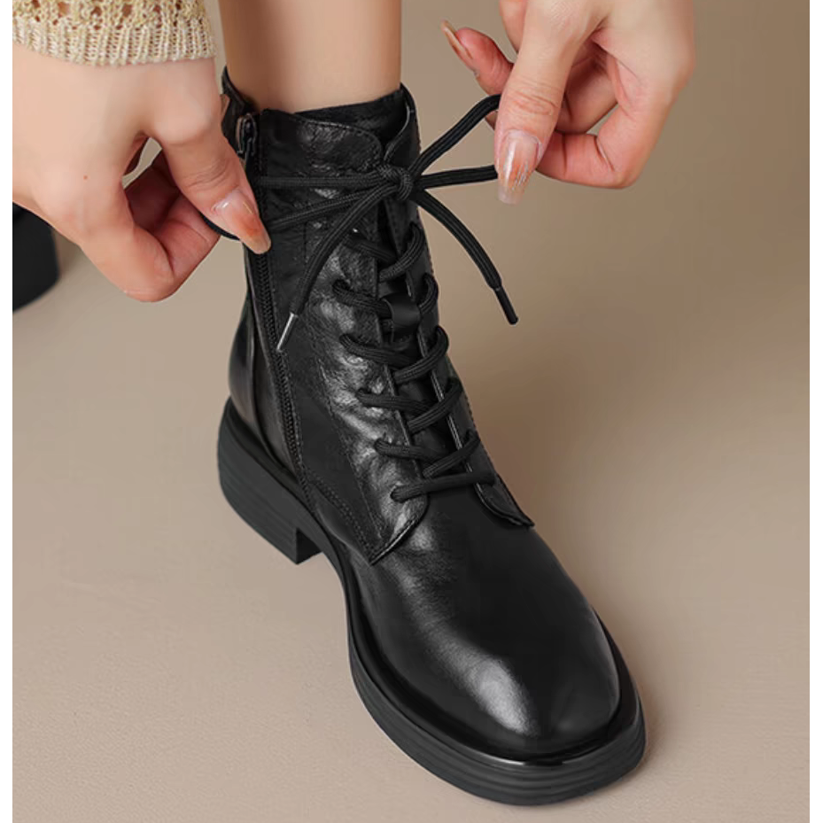 真皮断码清仓马丁靴女平底2025秋冬季新款英伦风系带圆头加绒短靴