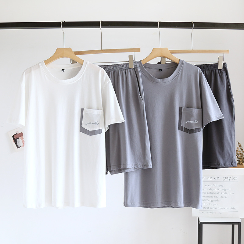 男生睡衣纯棉夏季圆领休闲运动短袖短裤两件套大码可外穿睡衣男款