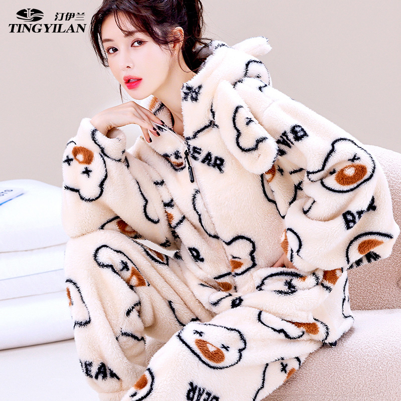 家居服女加厚加绒爆款冬季可外穿套装珊瑚绒长袖睡衣新款冬款