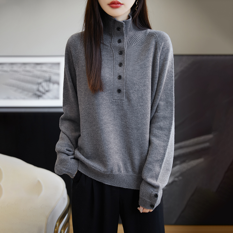 秋冬加厚一件过冬柔软36支精纺丝光纯毛高领半开扣套头衫内穿外搭